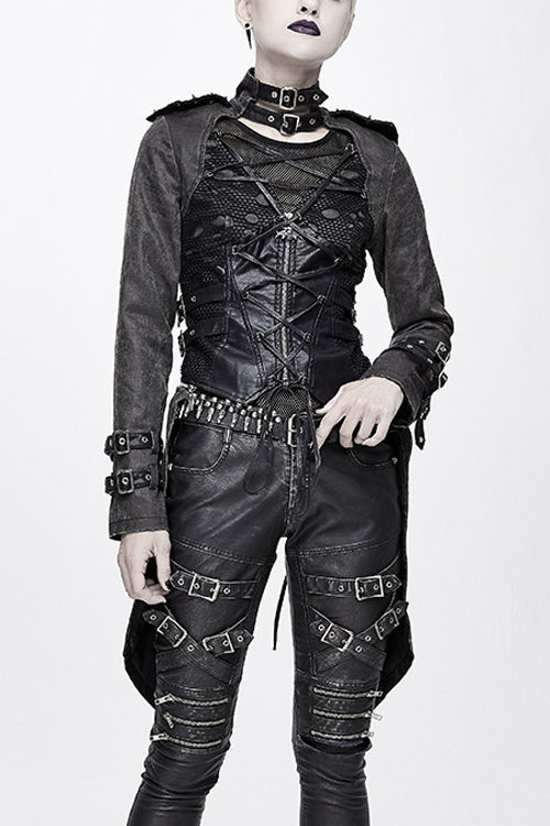 Noir Punk Coat with Spikes and Zipper Front