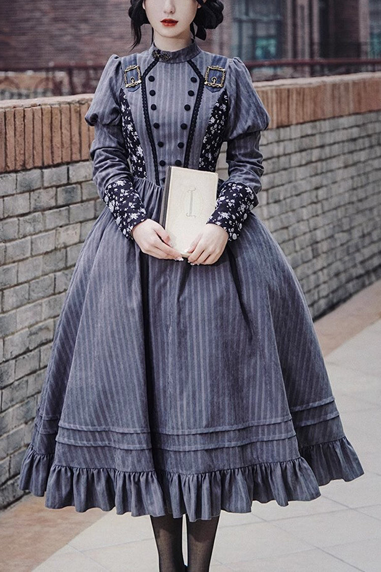 Gray Striped Long-Sleeved Classic Lolita Dress