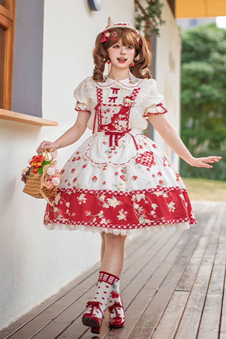 Red Strawberry Orchard Print Ruffled Sweet Lolita Strap Dress