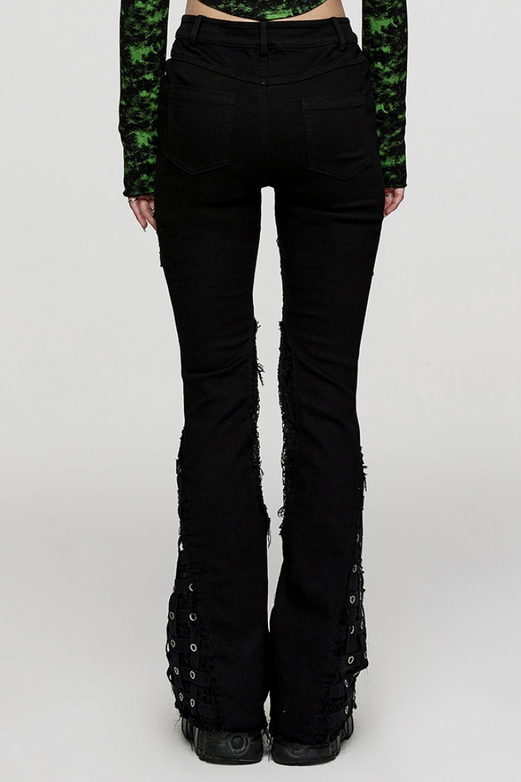 Punk Flared Pants with Eye Buckle & Unedged Cutout Design for Women