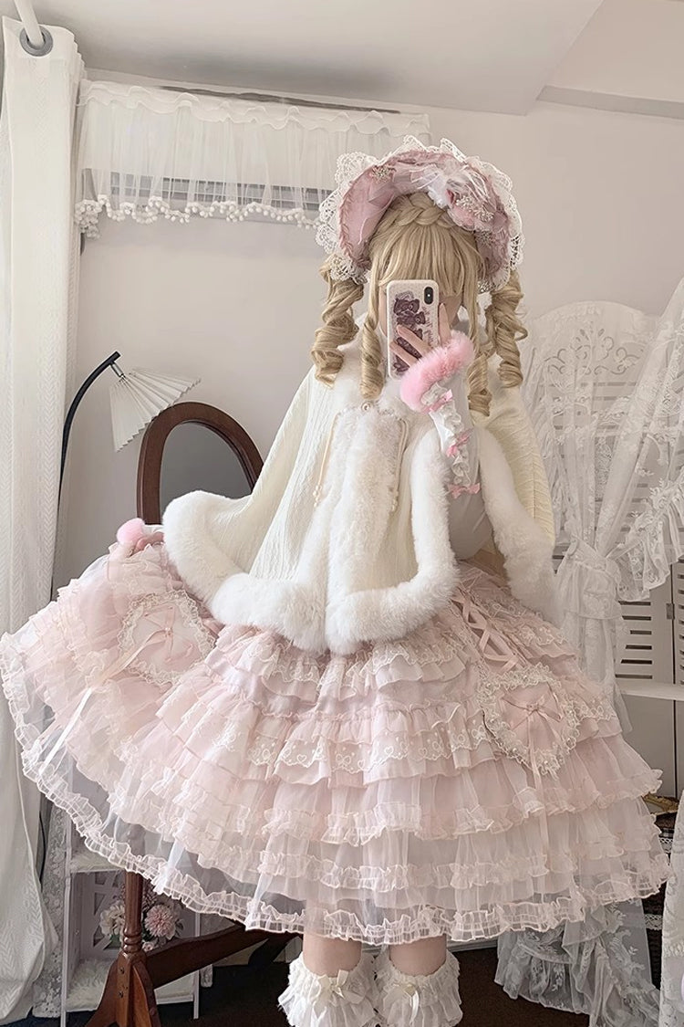 Rosy Ruffle Cascade Bow Embellished Sweetheart Lolita Jumper Dress - Sweetheart Diary