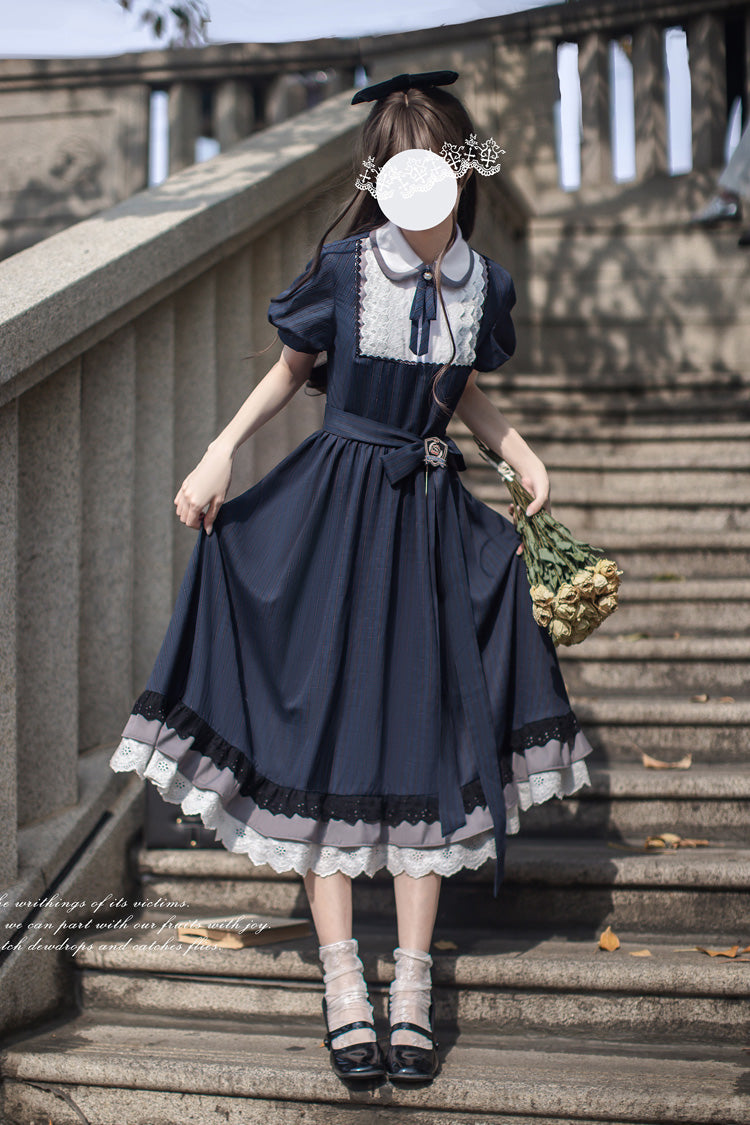 Blue [Phyllis] Lapel Collar Short Sleeves Printed Bow Classic Vintage Elegant Lolita Dress