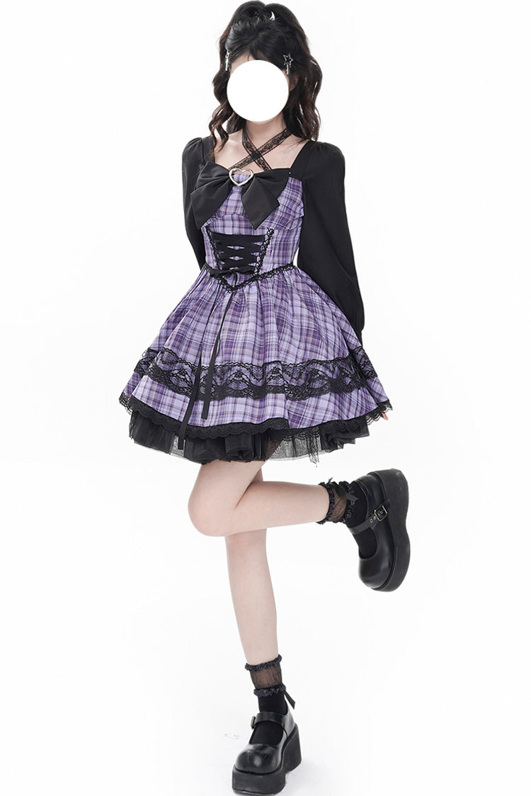 Purple Witch Time Long Sleeves Plaid Print Bow Lace Sweet Dress