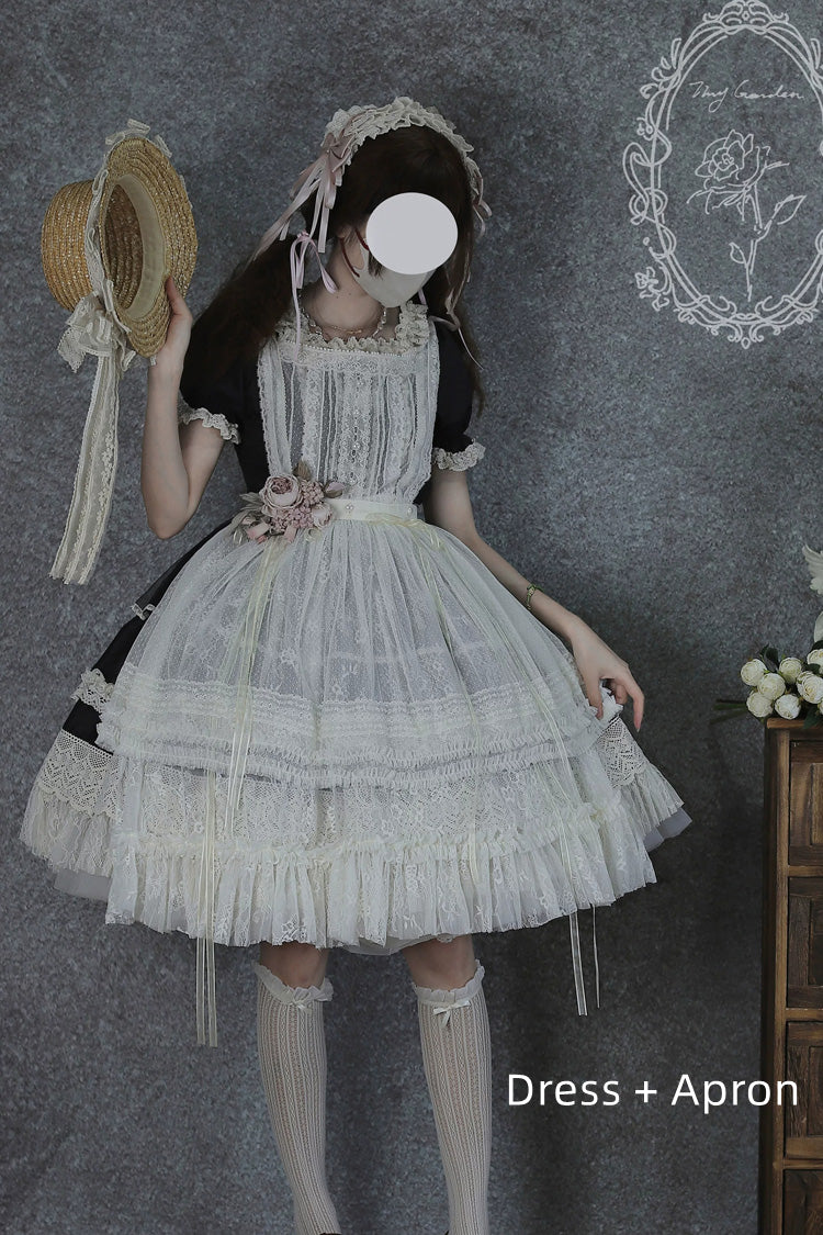 Noir Square Neck Short Sleeve Lace Pearl Sweet Dress - Vintage Ball 3.0