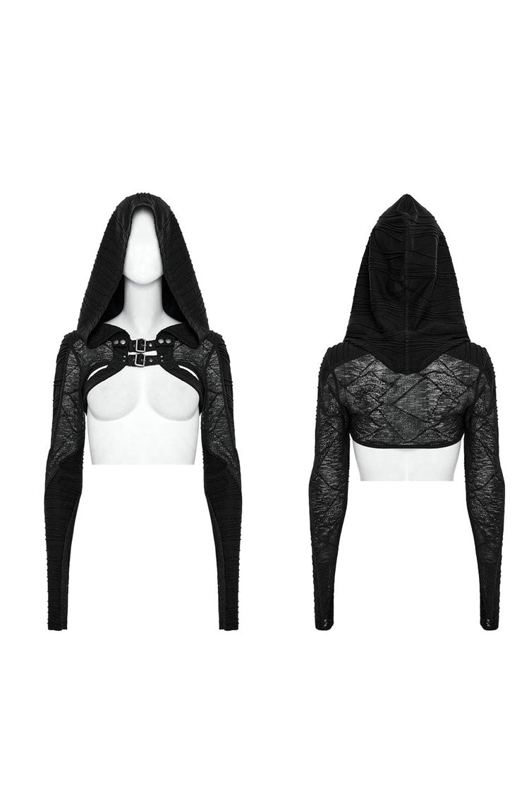 Women's Steampunk Jacket with Hollow Stretch-Knit Stitching Detachable Hooded Stripe Buckles