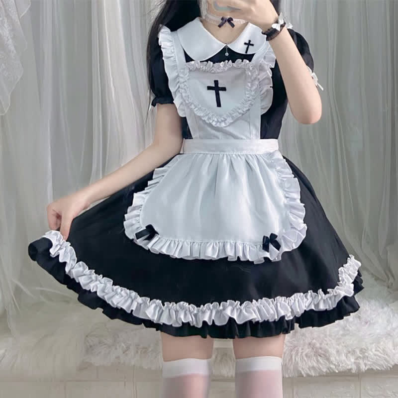 Kawaii Cross Print Ruffled Maid Lolita Dress Set