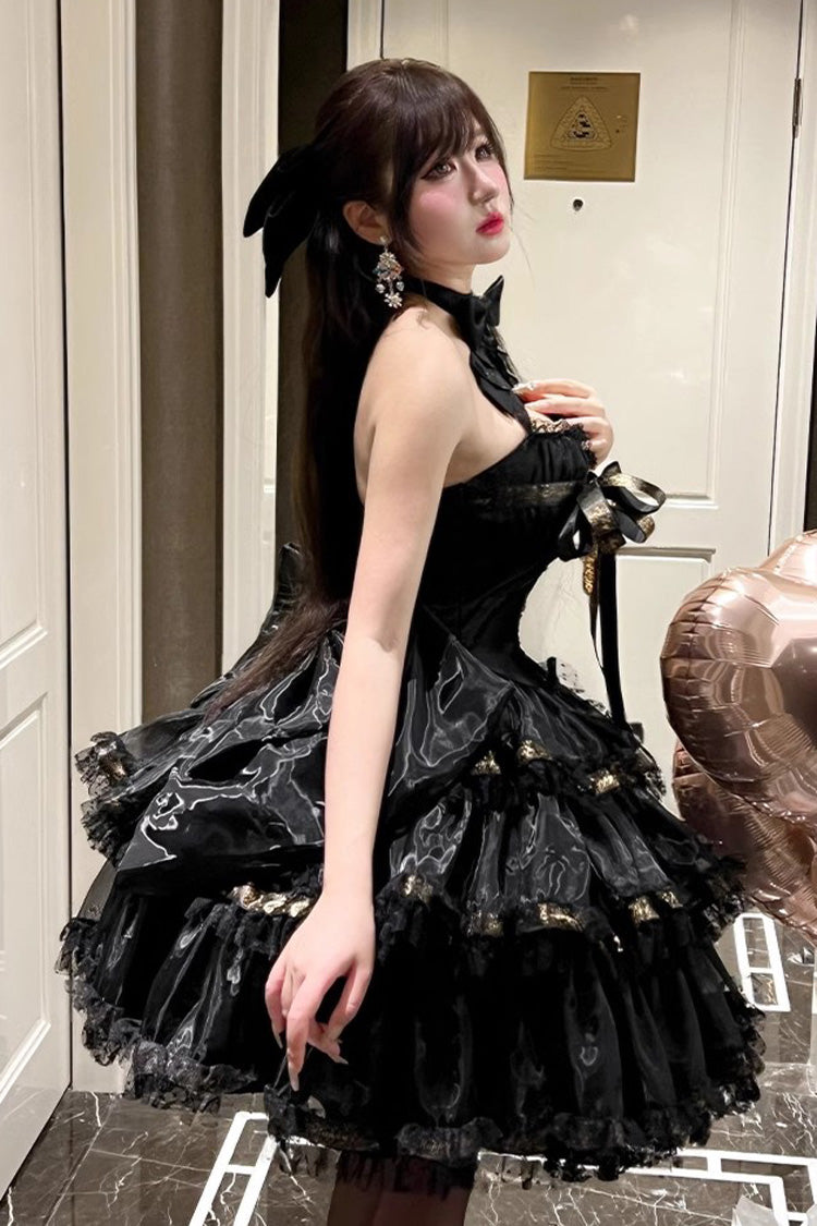 Black First Kiss Halterneck Triple-Layered Ruffle Lace Gothic Princess