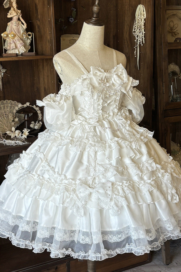 White [Spring Cherry Snowfall] Off Shoulder Short Sleeves Multi-Layered Ruffled Bow Sweet Lolita Jsk Dress