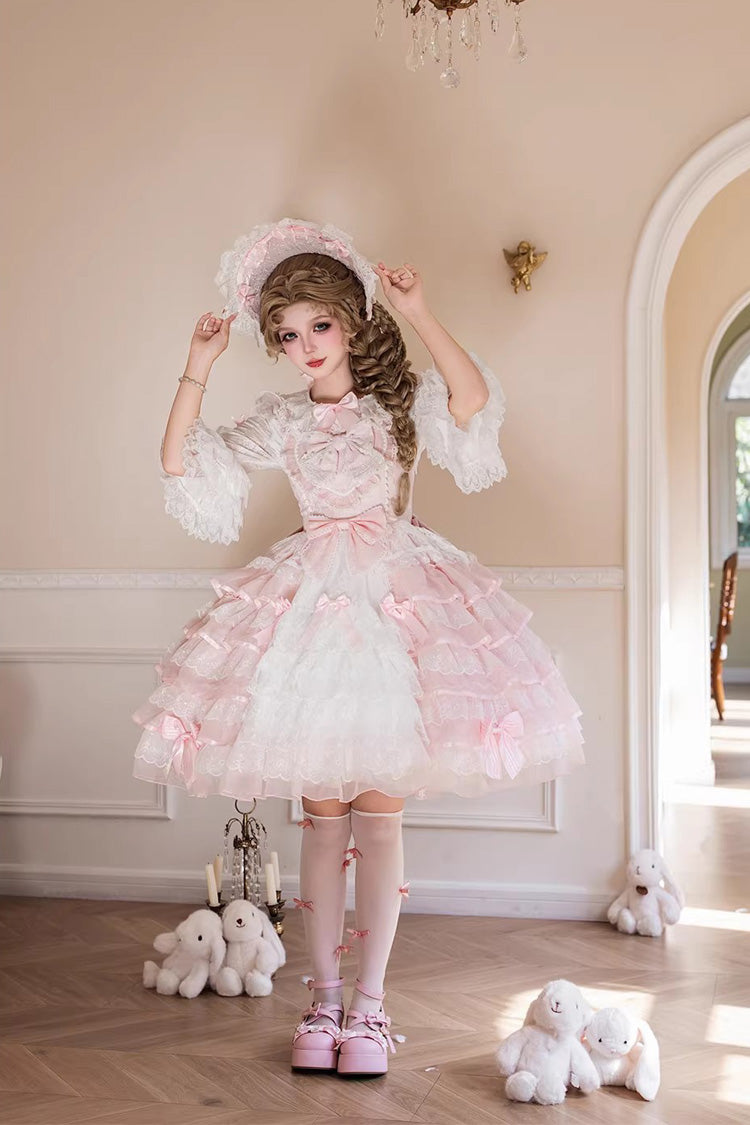 Pink Cherry Blossom Letter Sleeveless Multi-Layered Ruffled Embroidered Open-Front Bow Gorgeous Sweet Jsk Dress