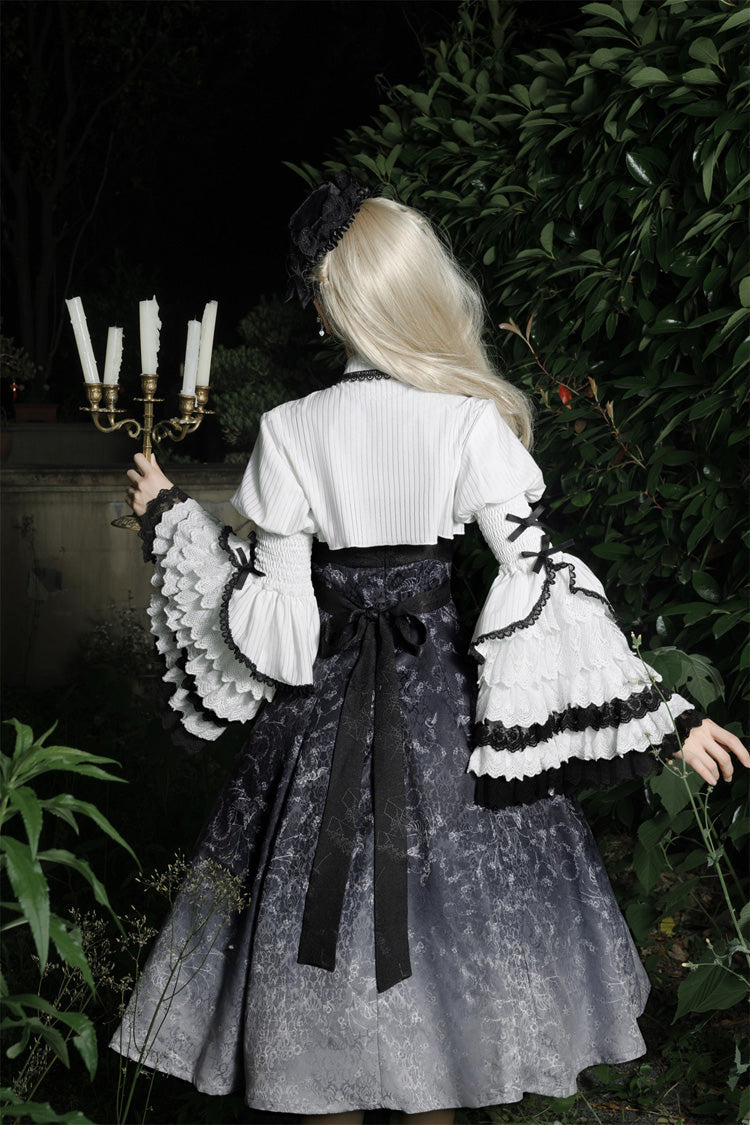 Monochrome Gothic Princess JSK with Bone Print, Ruffled Cardigan, and Lace