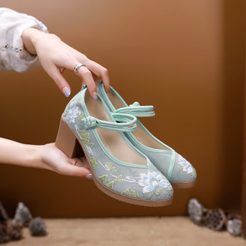 Vintage Floral Embroidery Canvas High Heel Shoes