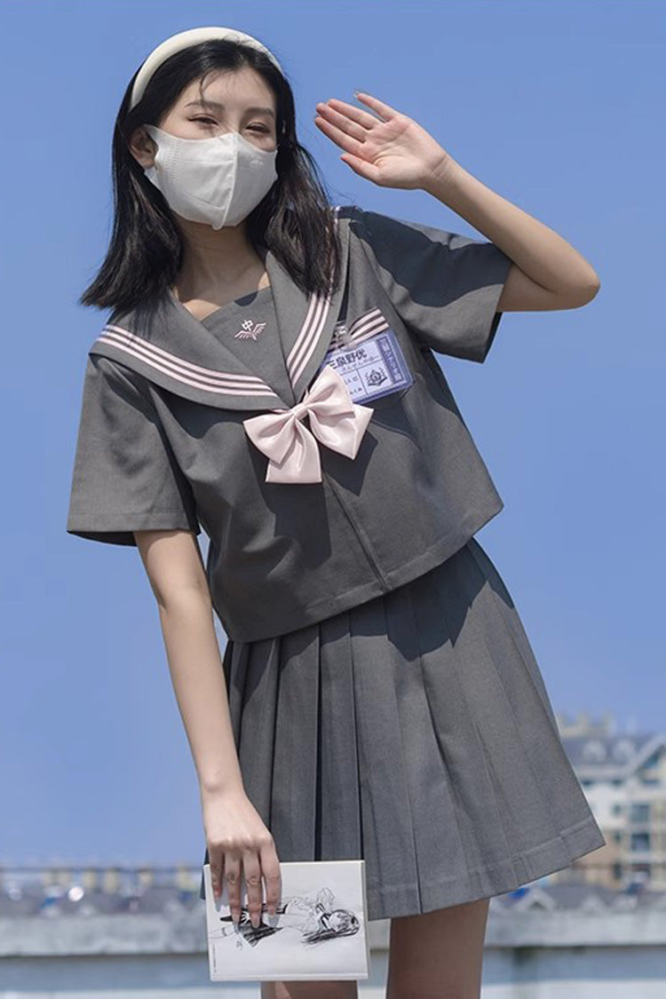 Ash Navy-Collar School Pleated Skirt