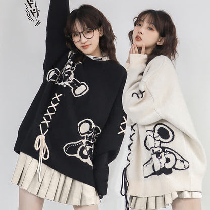 Cartoon Bear Lace Up Sweater Pleated Skirt Two Pieces Set