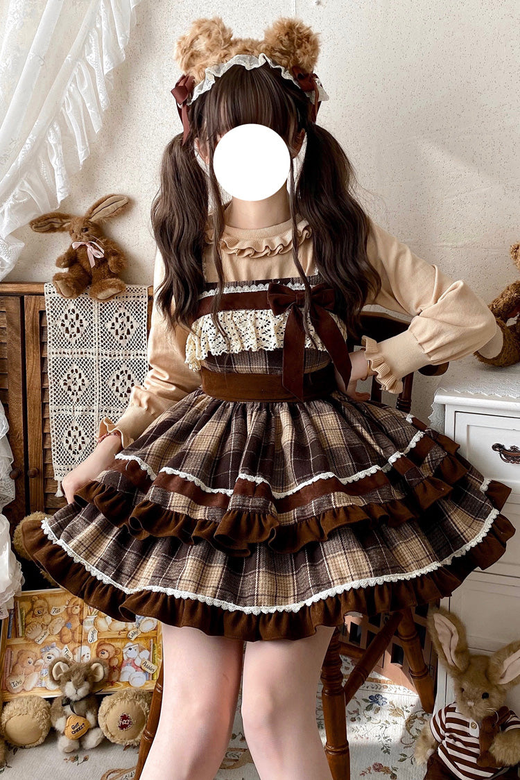 Brown Caramel Cocoa Double-Layered Print Ruffle Bow Sweet Lolita Jsk