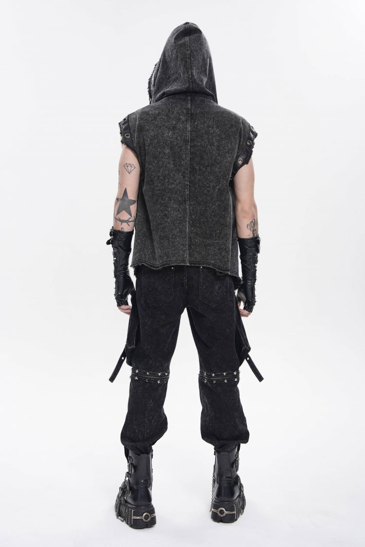Noir Punk Vest with Hood and Buckle Accents