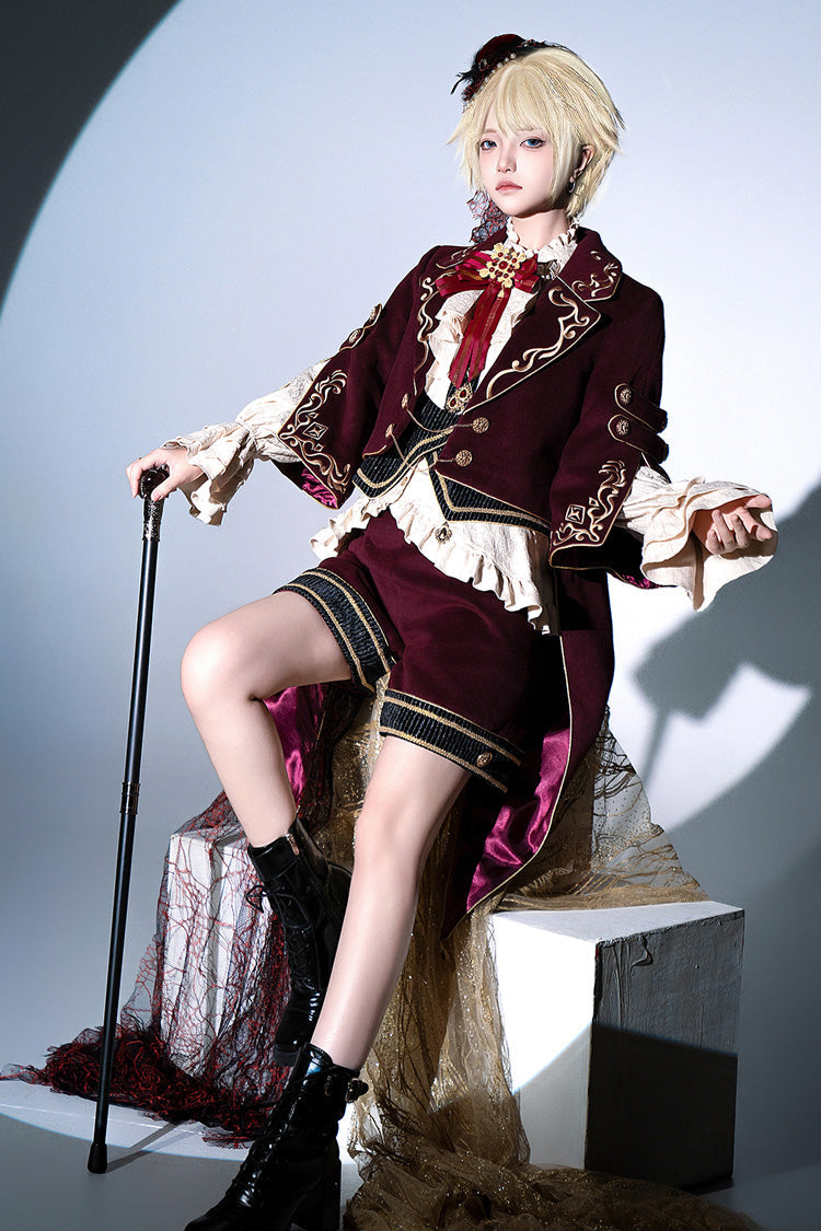 Crimson Royal Heir Embroidery Military Elegant Handsome Ouji Lolita Coat Blouse Shorts Set
