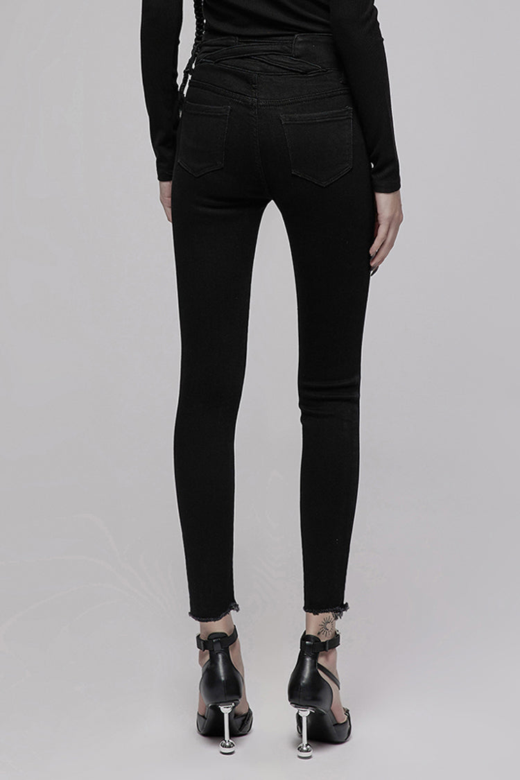 Punk Denim Pants with Metal Decor and Crossed Straps