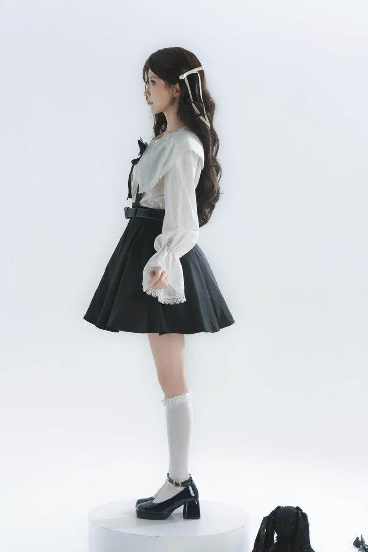 Monochrome Notch Collar Bow Detail Classic Lolita Strap Dress Set