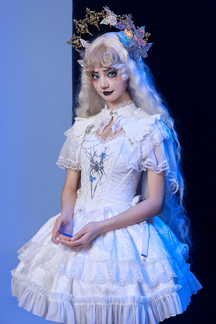 White Sleeveless Gothic Lace Skirt Set with Spider Bow
