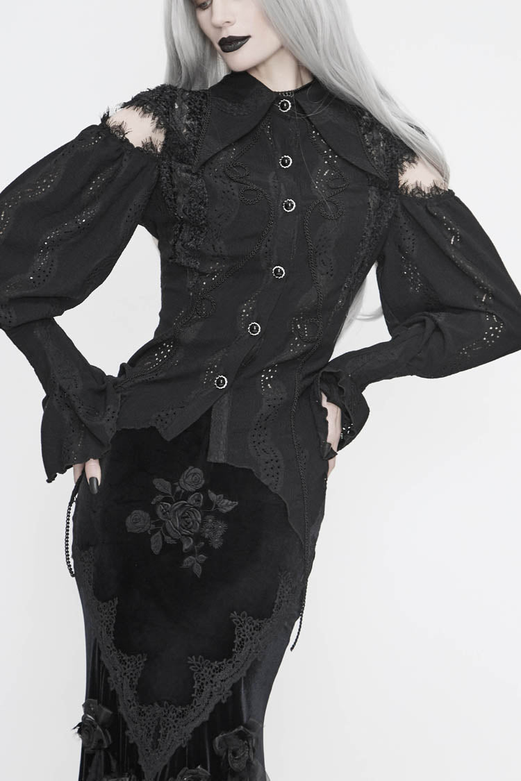 Women's Gothic Blouse in Black with Webbing Appliques, Lantern Sleeves & Back Lace-Up