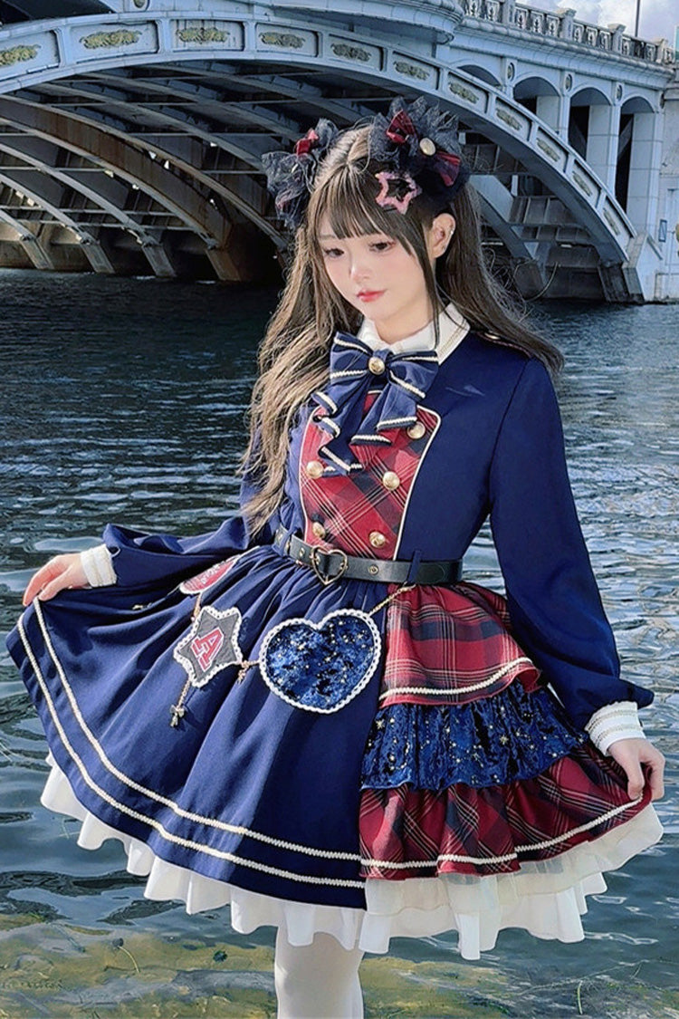 Red Dark Blue Starlight Academy Style Long Sleeves Printed Ruffled Spliced Asymmetric Faux Two-Piece Sweet Dress