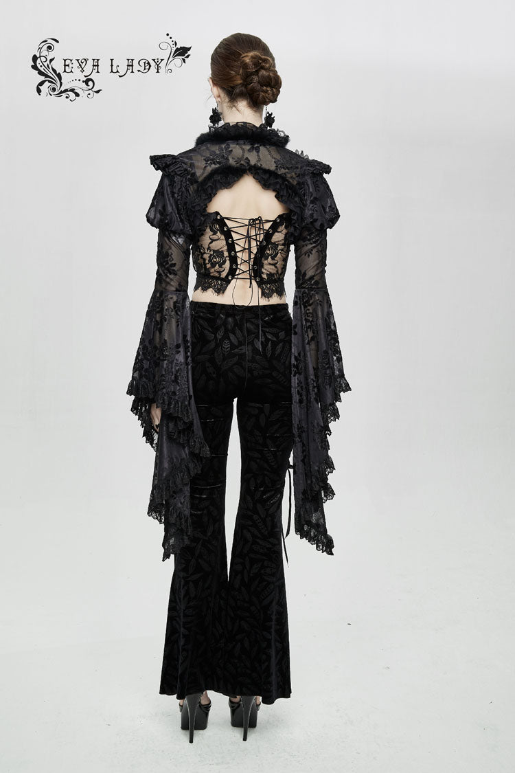 Lace-Trimmed Bell Sleeve Fur-Trimmed Gothic Wrap with 3D Flowers