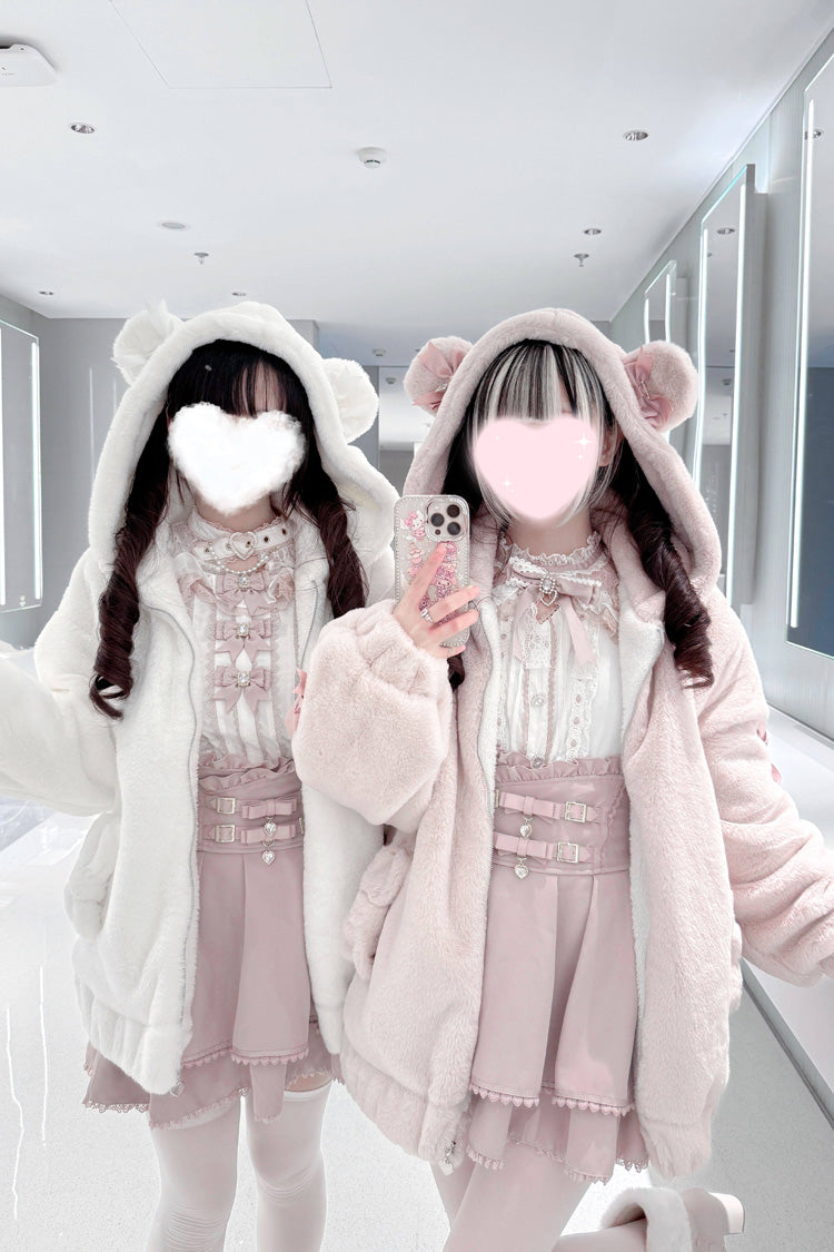 Bear Ears Long Sleeves Bow Lace-Up Hooded Zippered Sweet Jirai Kei Coat