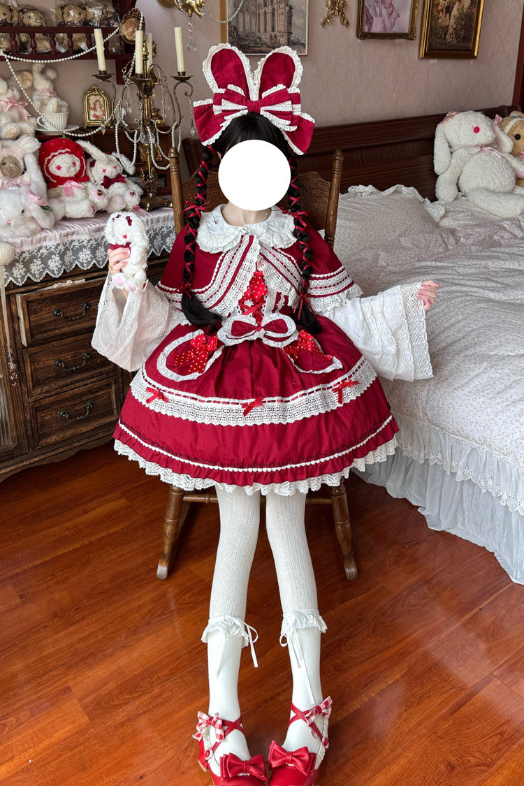 Red [Bobo Bunny Doll] Printed Ruffled Bow Lace-Up Sweet Lolita Jsk Dress 2 Colors