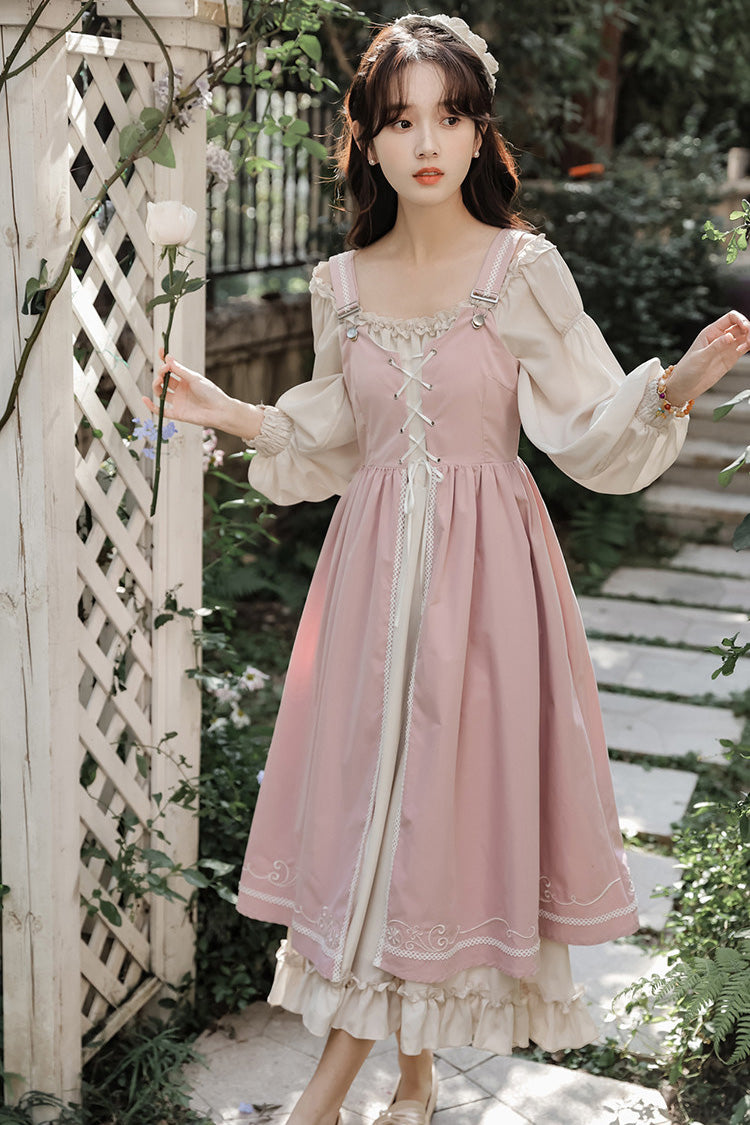 Square Collar Lolita Two-Piece with Lace-Up & Ruffled Details