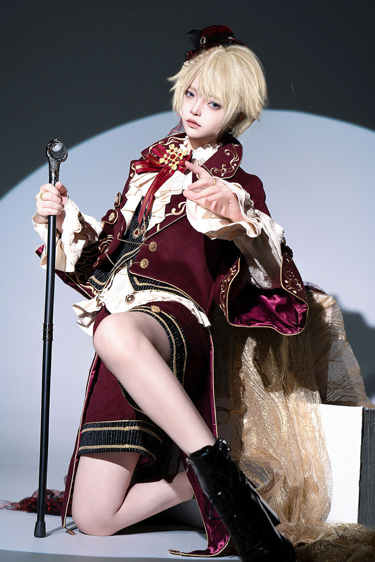 Crimson Royal Heir Embroidery Military Elegant Handsome Ouji Lolita Coat Blouse Shorts Set