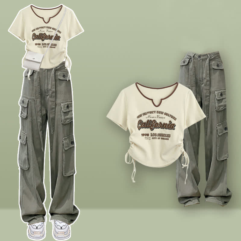 Casual Letter Print Drawstring Crop Top T-Shirt Pocketed Cargo Pants