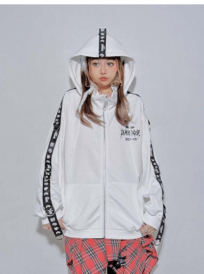 White Punk High-Neck Hooded Loose Jacket