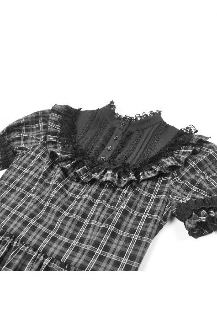 Monochrome Gothic Lolita Dress with Plaid, Stand Collar, and Lace-Up Front
