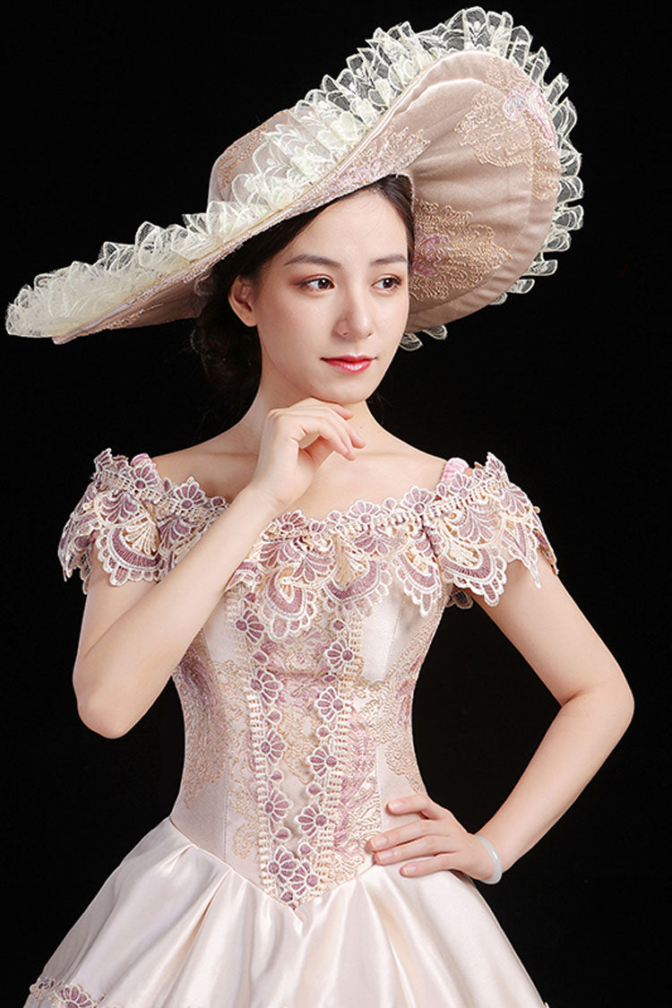 Pink Victorian Dress with Boat Neck and Floral Embroidery - Altfashion Shop