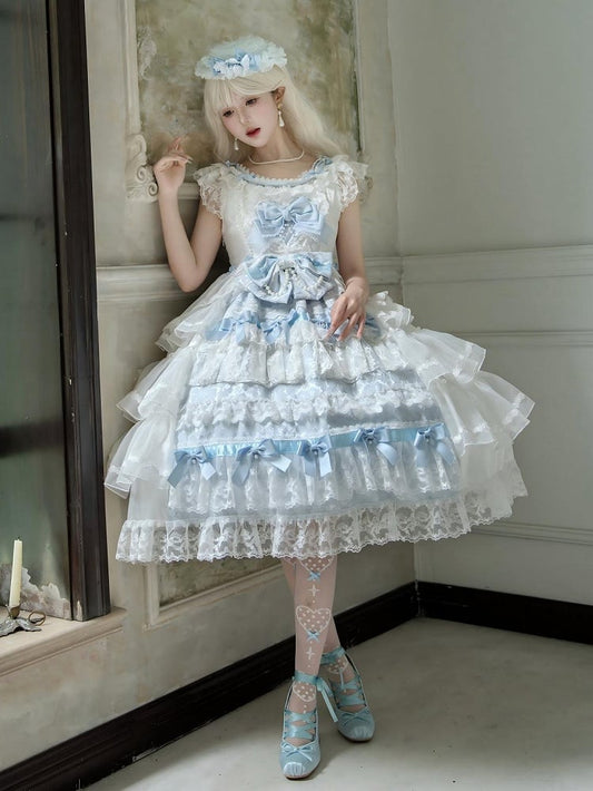 and Hanayome White Hime Full Tiered Skirt Bows Decoration Blue Dress Lolita Set JSK