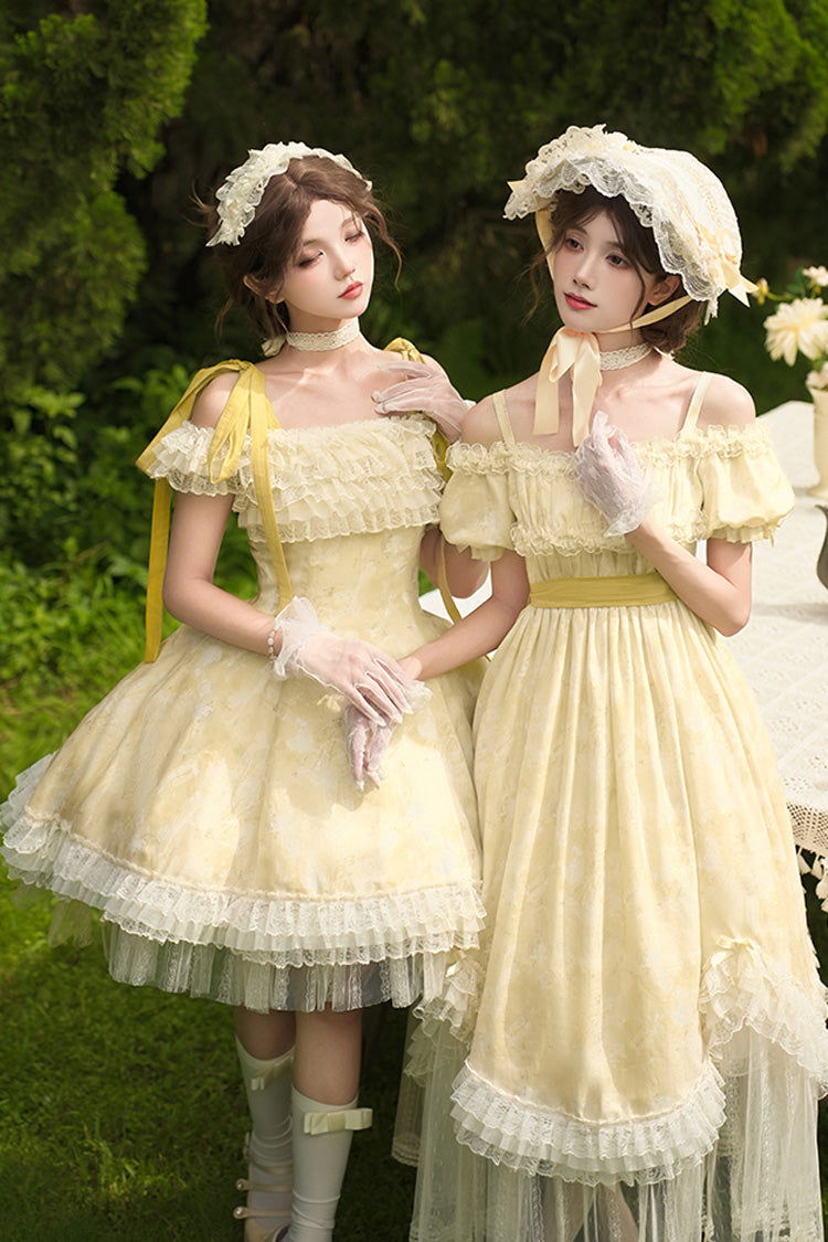 Golden Square Collar Flutter Sleeve Printed Ruffle Lace Sweet Elegant Short Dress - Falling Flowers as a Message