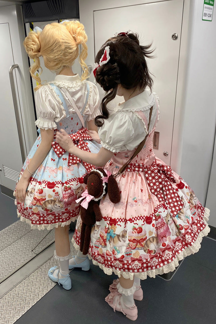 Strawberry Cake Kitty Sleeveless Printed Bow Lace Sweet Strap Dress