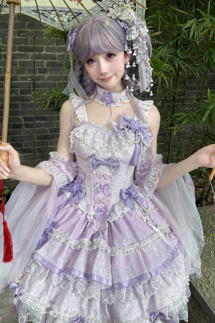 Purple [Prelude of Spring Cherry] Square Collar Sleeveless Multi-Layered Jacquard Ruffled Bow Lace Pearl-Decorated Sweet Lolita Jsk Dress