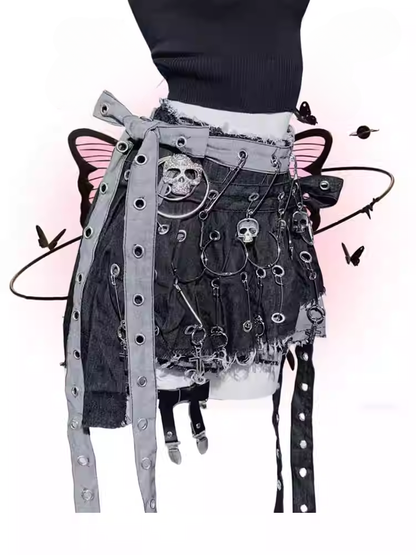 Black Asymmetrical Hem Bow Cross Punk Denim Skirt