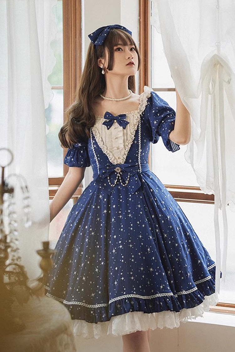 Star Print Short-Sleeved Ruffled Bowknot Sweet OP