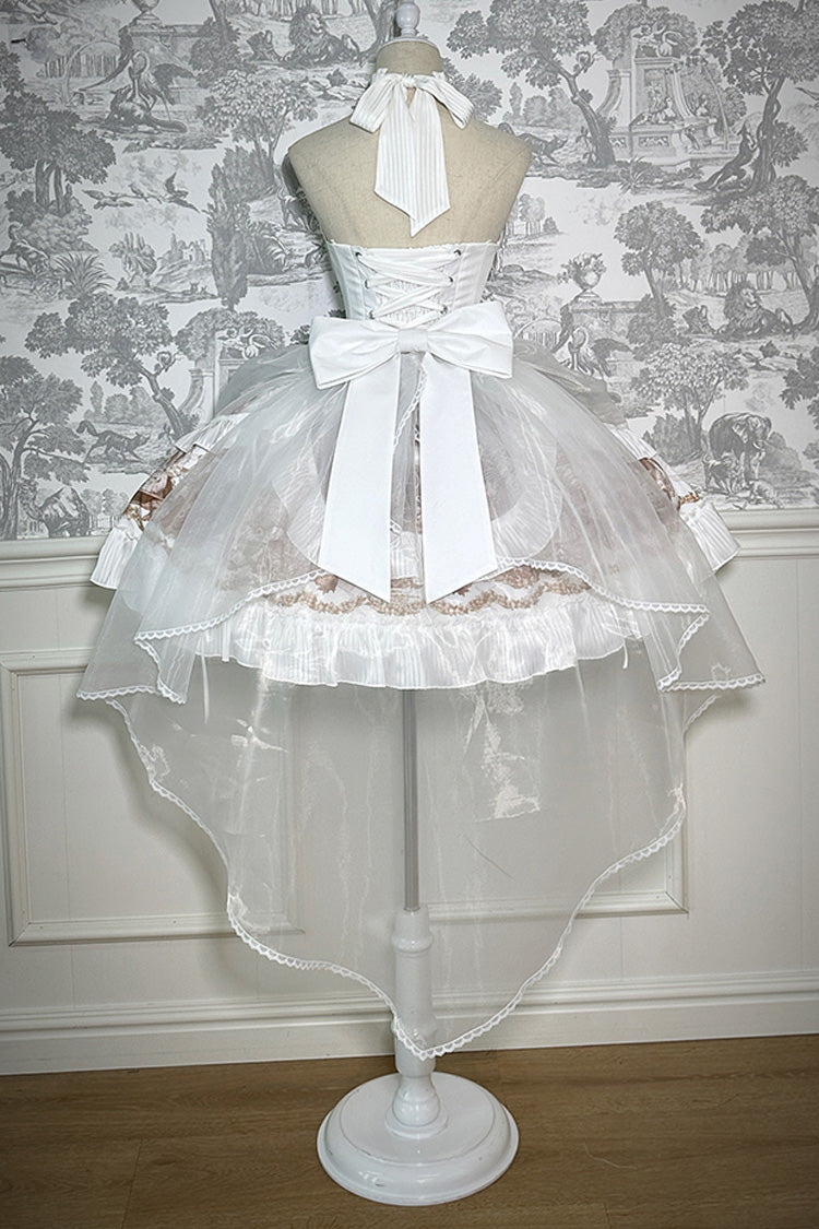 White Halterneck Print Bowknot Drawstring Gothic Lolita Dress