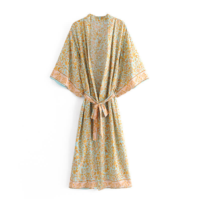 Boho Floral Print Belt Robe Long Cardigan Outerwear