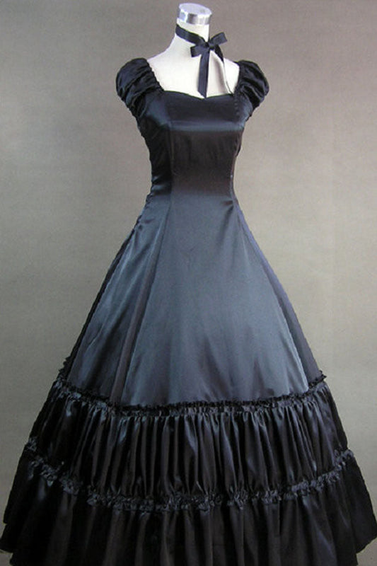 Black Cotton Square Collar Cap Sleeve Floor-Length Victorian Dress