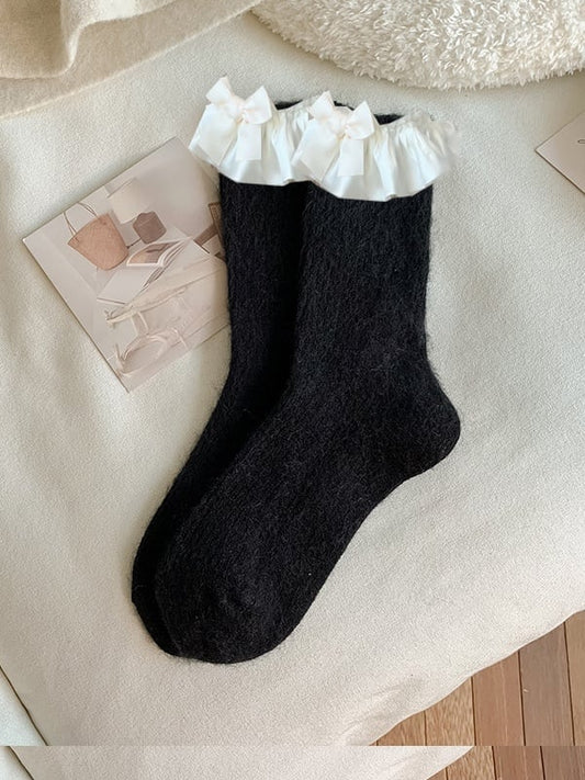 Coffee Sweet Bowknot Ruffled Cuff Calf Socks