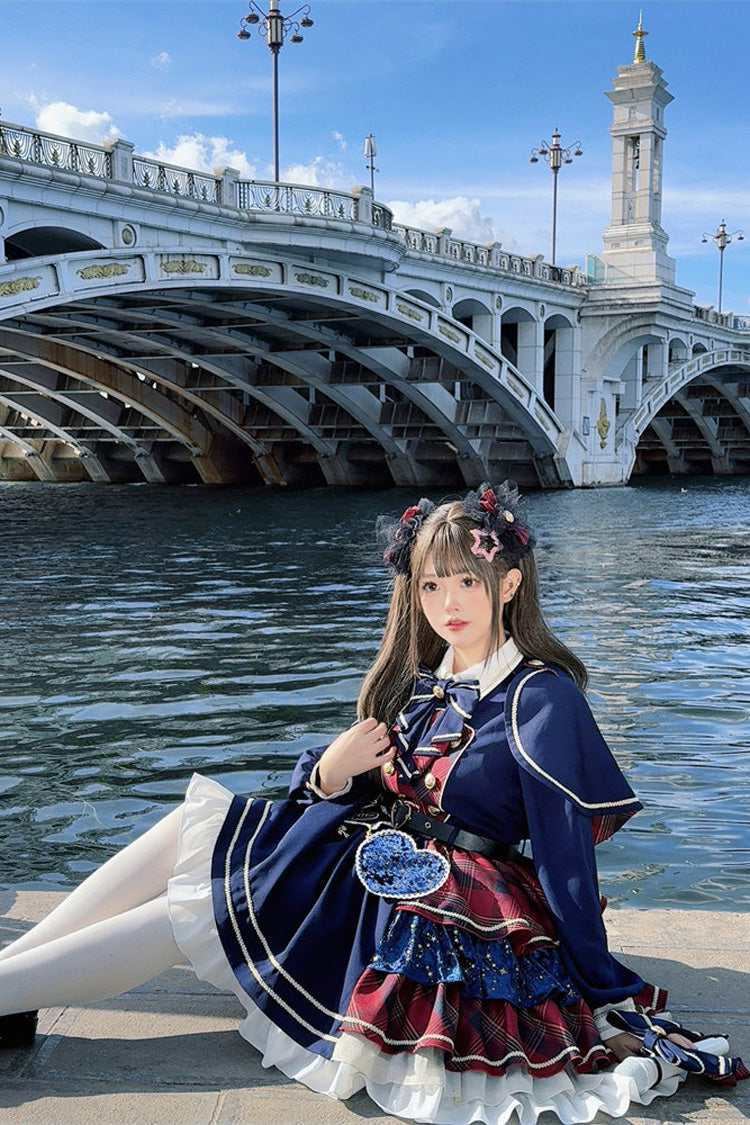 Red Dark Blue Starlight Academy Style Long Sleeves Printed Ruffled Spliced Asymmetric Faux Two-Piece Sweet Dress