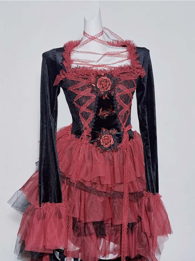 Gothic Black and Red Lace Rosette Top