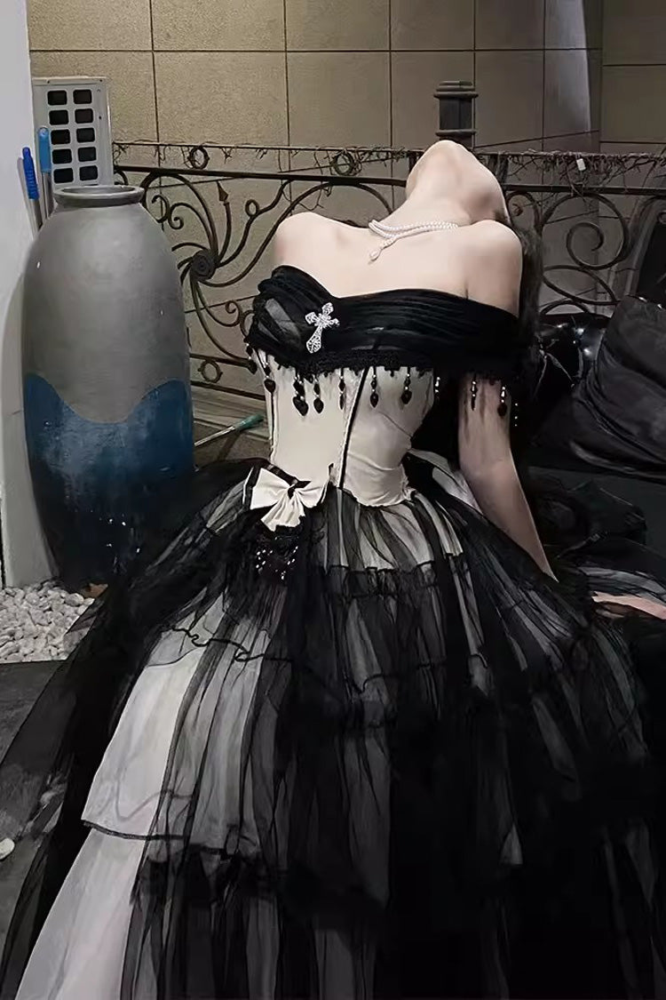 Monochrome Gothic Plus-Size JSK with Lace-Up Front and Hanayome Ruffles - Long