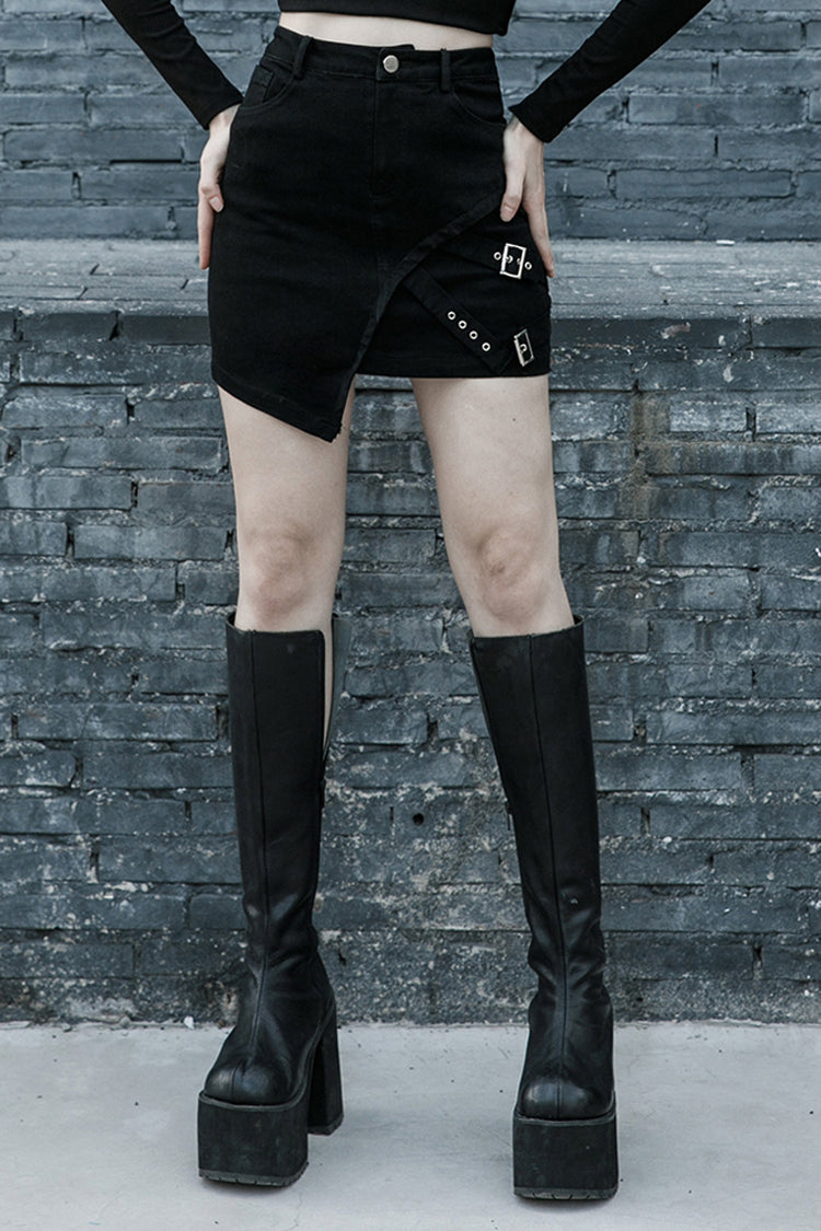 Charcoal Steel Slanted Buckle Looped Denim Punk Skirt for Women