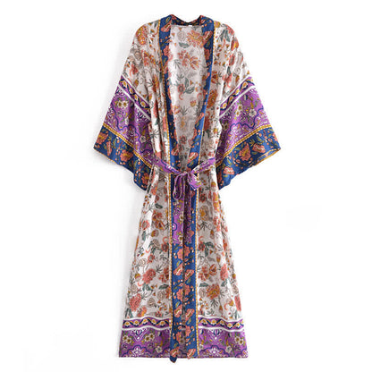 Boho Beach Print Belt Robe Long Cardigan Outerwear