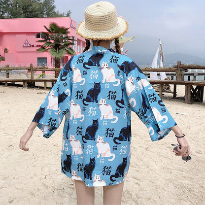 Cute Blue Cat Print Casual Kimono Outerwear